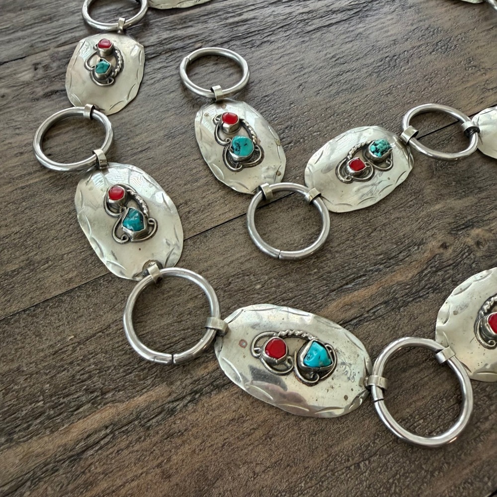 Vintage Sterling Silver Turquoise Coral Concho Link Belt 42" Western Native - Picture 4 of 10